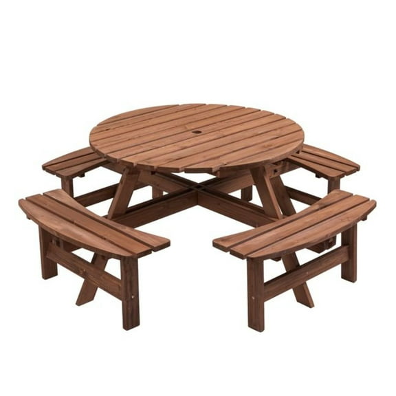 8-Person Outdoor Circular Wooden Picnic Table with 3 Built-in Benches for Patio Backyard Garden, Gray