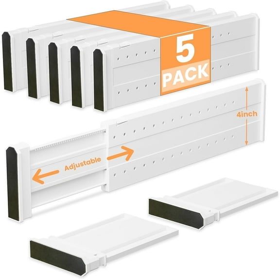 LLMRR 5 Pack Drawer Divider, 4" High, 11-17" Adjustable Drawer Dividers, Non-Slip Expandable Dresser Organizer for Baby Clothes, Bathroom, Bedroom, Kitchen and Office Storage, 5 Pack