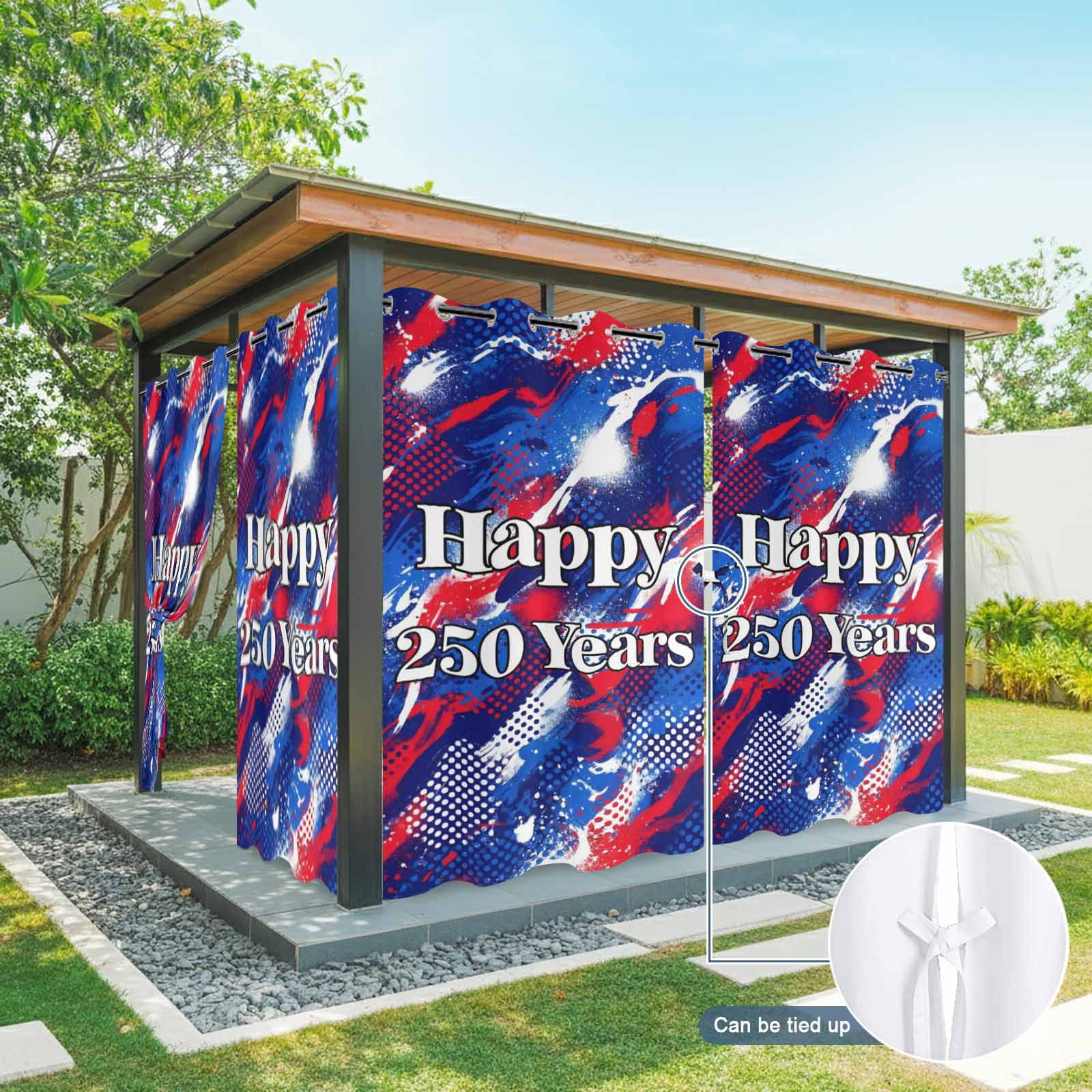 Happy 250 Years Outdoor Curtains for Patio, Independence Day Blue Red White Splash Polka Dots Sunshade Privacy Drapes Grommet Waterproof Outside Curtains for Porch/Cabana/Balcony 54"x 108", 1 Panel