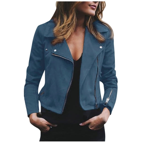 Dezsed Women's Faux Suede Leather Moto Jacket Zip-up Biker Cropped Coat Classic Notched Lapel Slim Fit Casual Street Outerwear with Pockets Blue 2XL