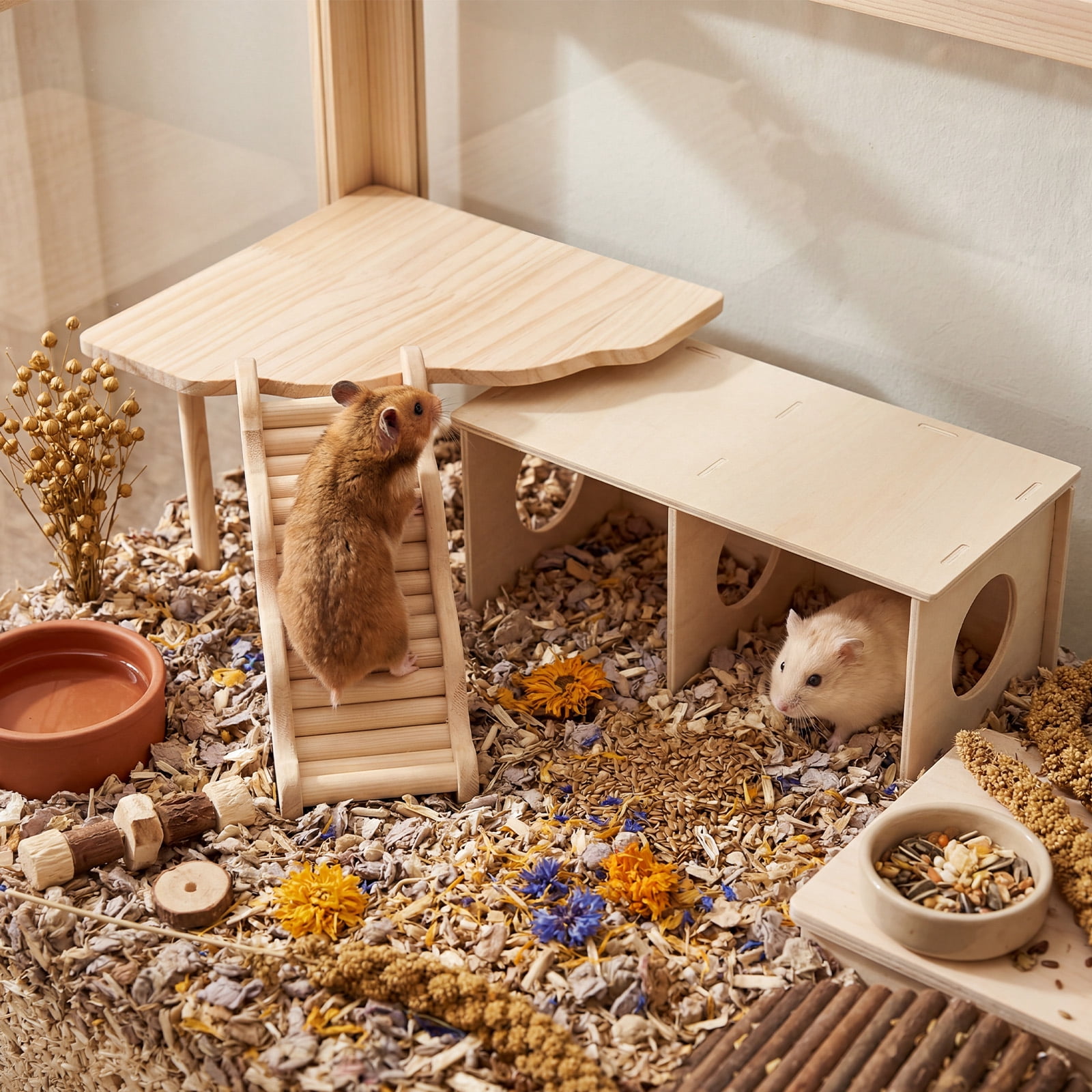 Wooden Hamster Platform Hideout with Ladder Hamster Play Platform Toy Small Pet Playhouse Climbing Toy for Chinchillas Guinea Pigs Golden Squirrels Hedgehogs