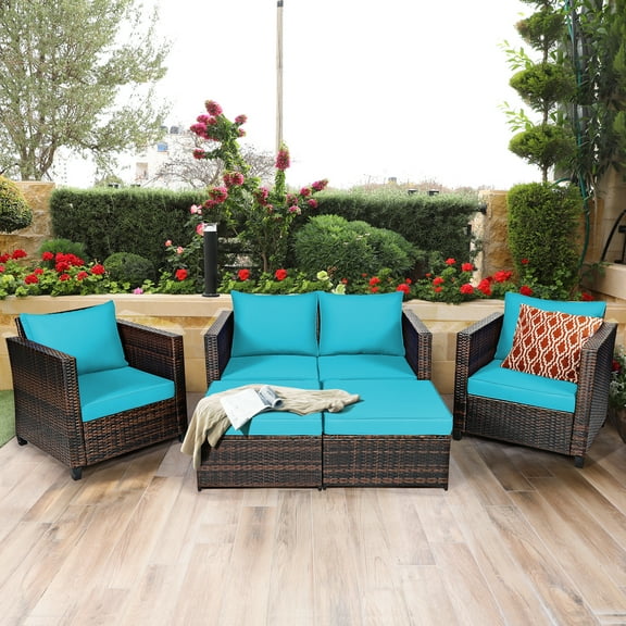 Gymax 5PCS Outdoor Patio Rattan Conversation Sofa Furniture Set w/ Turquoise Cushions