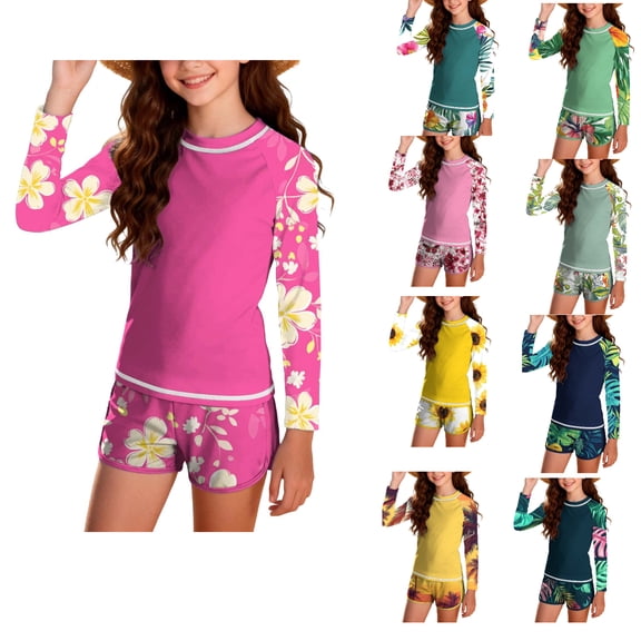 HAOTAGS Girls Swimsuit 10-12,Elastic Waist Long Sleeve Sun Protection Rash Guard Two Piece Bathing Suit Pink