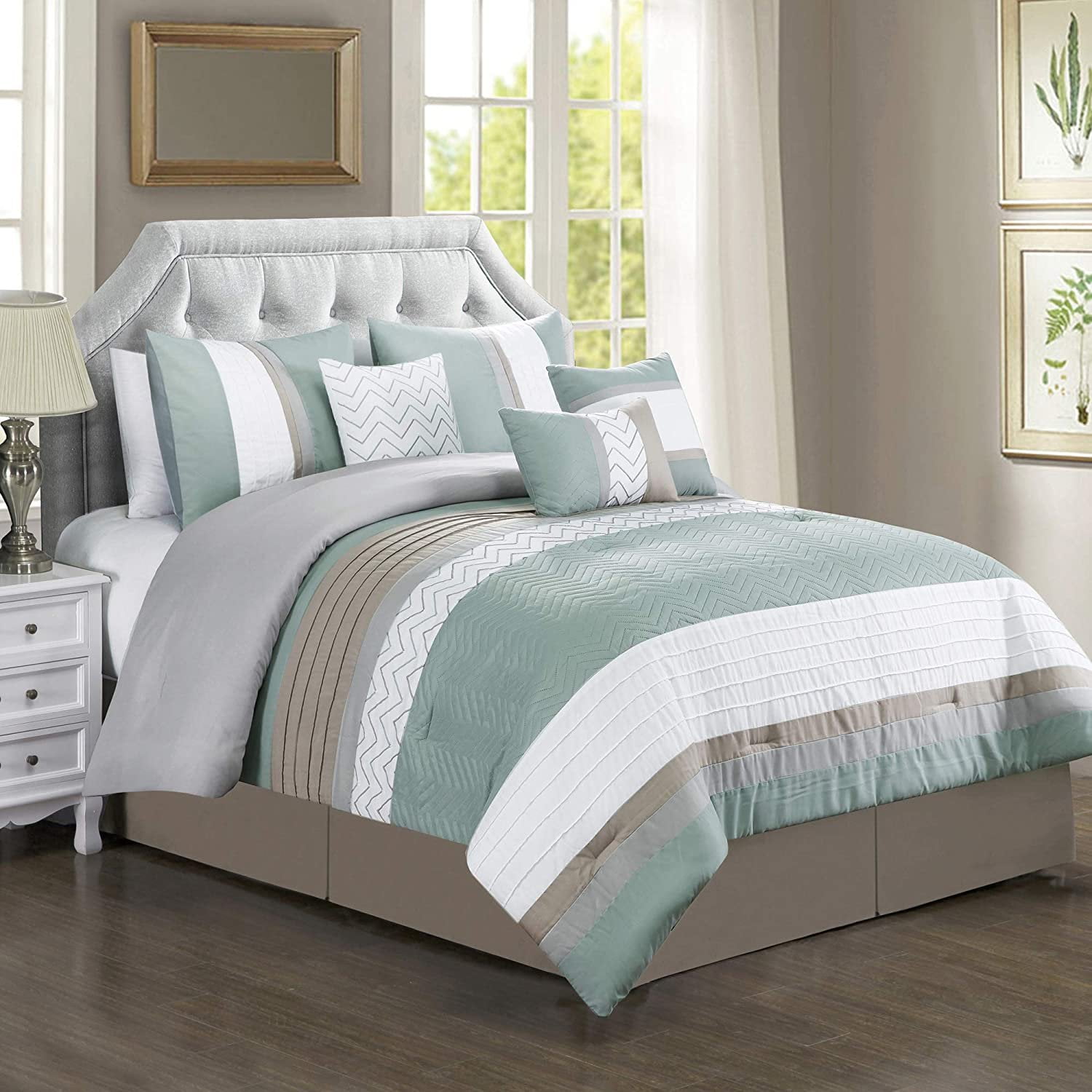 Mint Green White Brown Bed Cover, Green Cal King Bedding
