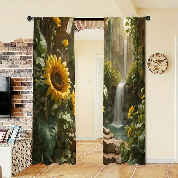 WNOOHIY Natural Wild Sunflower Waterfall Print Light-filtering Curtains for Living Room Bedroom Office Home Decoration, Set of 2 Panels