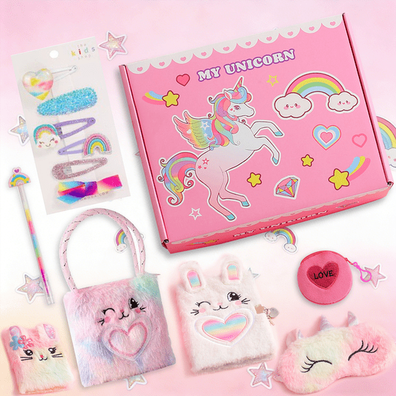 Arcticwind 8X Fluffy Bunny Plush Notebook Gift Box Set,for Multi Function Cartoon Diary Book,With Tote Bag/Gel Pen/Clips set/Coin purse/Eye mask,Christmas Gift,Birthday Gift