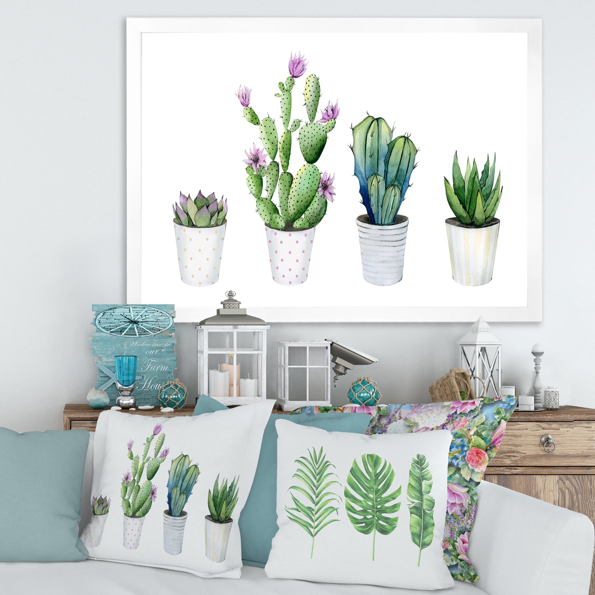 Designart 'Aloe Vera Cactus Succulent Home Plants In The Pots' Farmhouse Framed Art Print