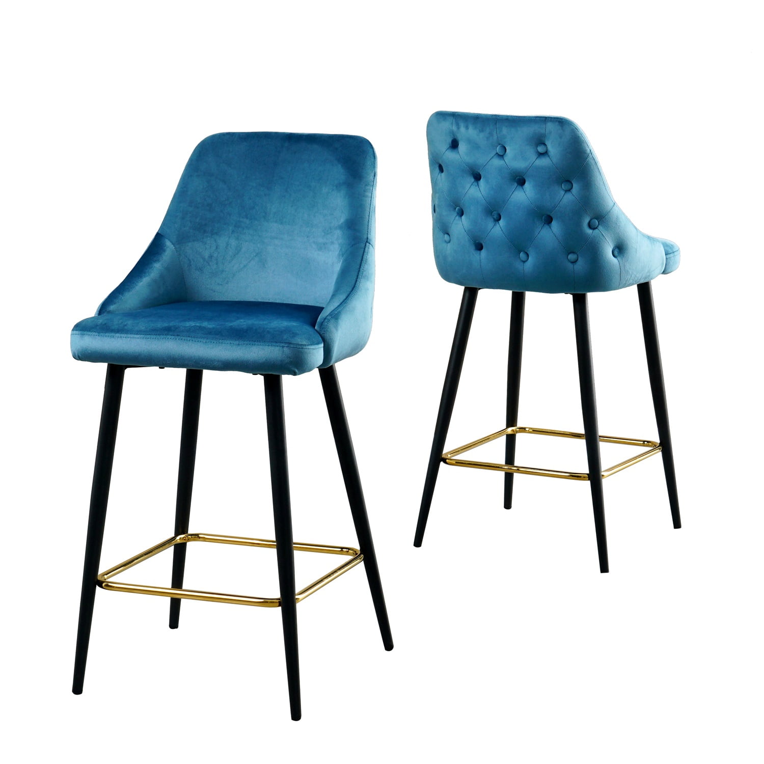 Kadyn Upholstered High Bar Stool Chair Set of 2, Modern Foam Bar Stools with Gold Legs, Bar Dining Chair for Dining Room, Blue