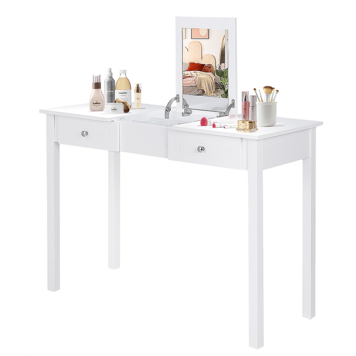 Costway Vanity Table Dressing Table Flip Top Desk Mirror 2 Drawers