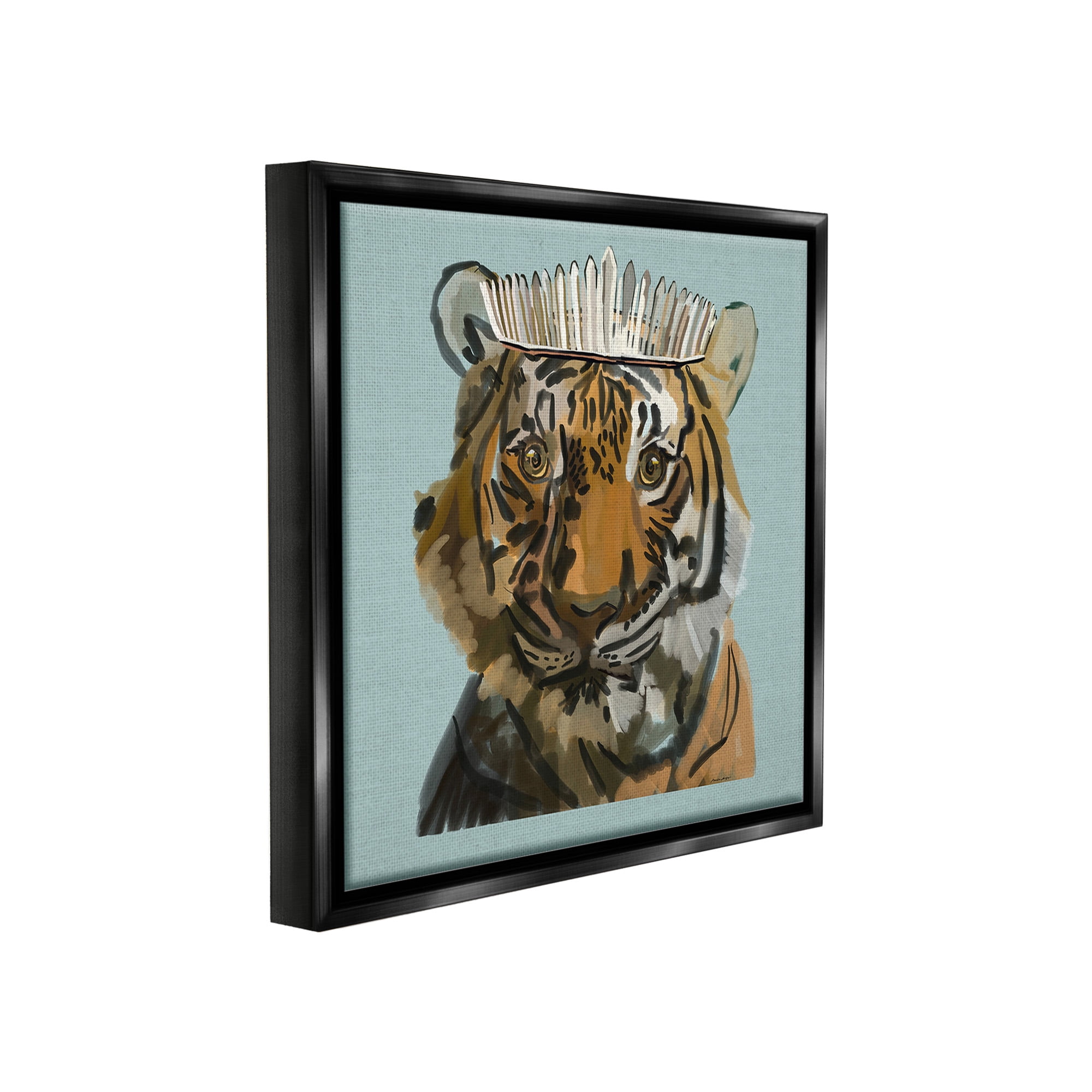 Stupell Industries Tiger in Tiara Portrait Animals & Insects Painting Black Floater Framed Canvas Art Print Wall Art, 18 x 18