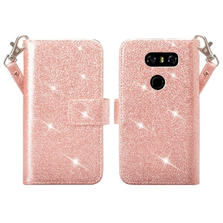LG V30 Case, V30 Plus, Glitter Faux Leather [Kickstand Feature] Protective Wallet Cover - Rose