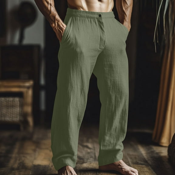 Lenago Mens and Big Men's Mens Pants Solid Color Multi Pocket Workwear Drawstring Casual Loose Baggy Pants Imitation Cotton and Linen Wide Leg Men's Trousers