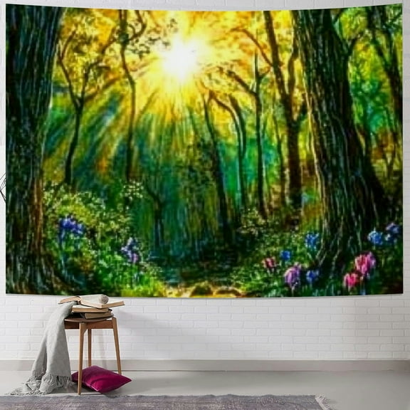 BCIIG Fantasy Forest Tapestry Mystic River Fairy Tale Tree Tapestry Sunrise Landscape Sunset Nature Psychedelic Wall Hanging Headboard Bedroom Living Room Home Decoration 40x30inch