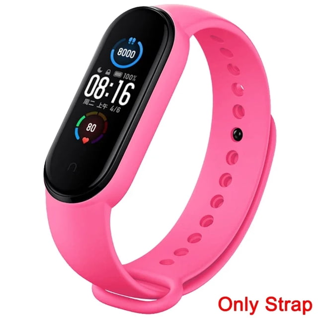 correa de silicón unisex para smart watch mi band 7 / 6 / 5 de xiaomi, rosa chicle S/M/L 250 mm (25 cm / 9.8 in) compatible con Mi Band 5/6/7; vista 3/4 frontal centrada de la banda con orificios ajustables y cierre de pasador, silicón flexible, suave y transpirable, adecuada como banda deportiva para uso diario.