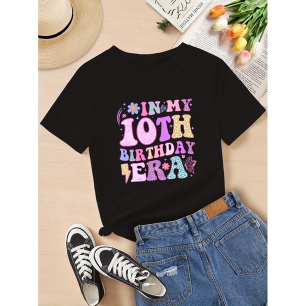 In My 10th Birthday Era" Graphic Tee for Girls - Soft & Comfy Crew Neck Short Sleeve T-Shirt, Vibrant Colorful Print, Casual Summer Top, Fits Ages 8-14