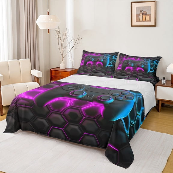 Erosebridal Colorful Gamepad Sheet Set Twin, Game Player Bedding Sets Twin Size, Honeycomb Geometric Twin Sheet Sets, Lightweight Room Decorative, 3pcs