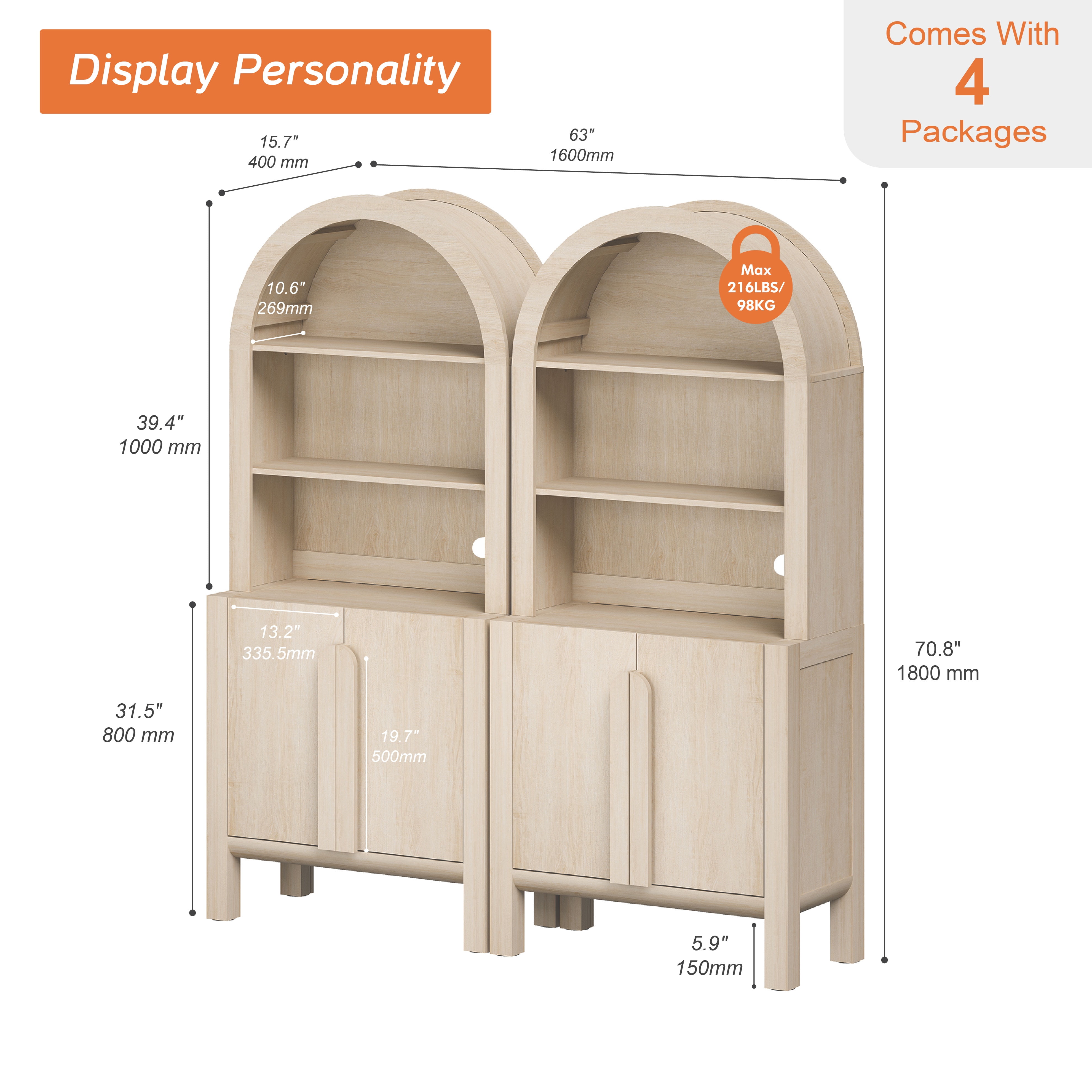 71" Tall Arched Kitchen Pantry Cabinet Set of 2, Wood Bookcase Display Cabinet With Doors And Adjustable Shelves, Mid-Century Modern Versatile Cupboard For Dining Room, Bedroom