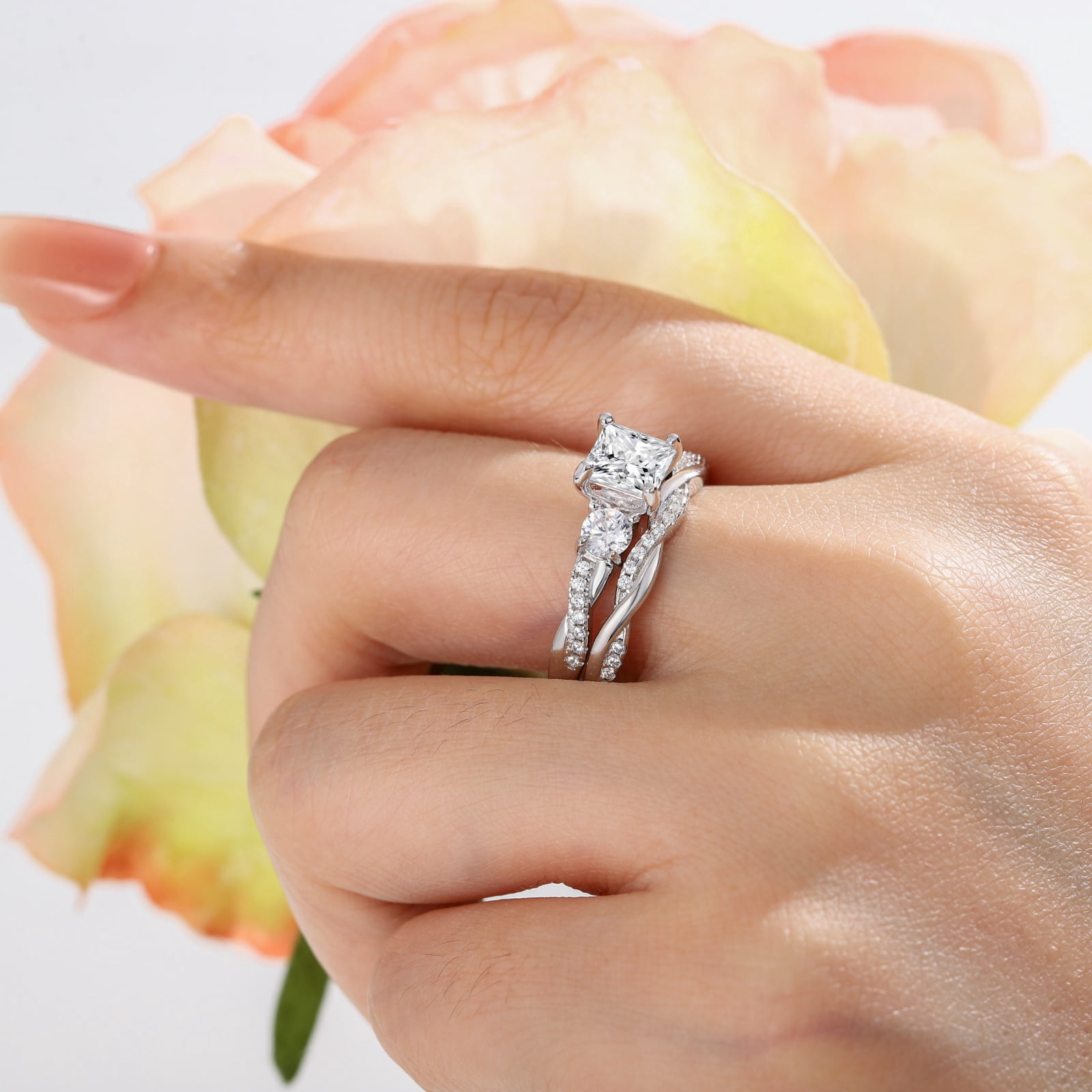 SFTING Wedding Rings for Women 925 Sterling Silver Three Stone Princess Cut Wedding Rings Set 5A CZ Promise Engagement Rings for Her Size 7