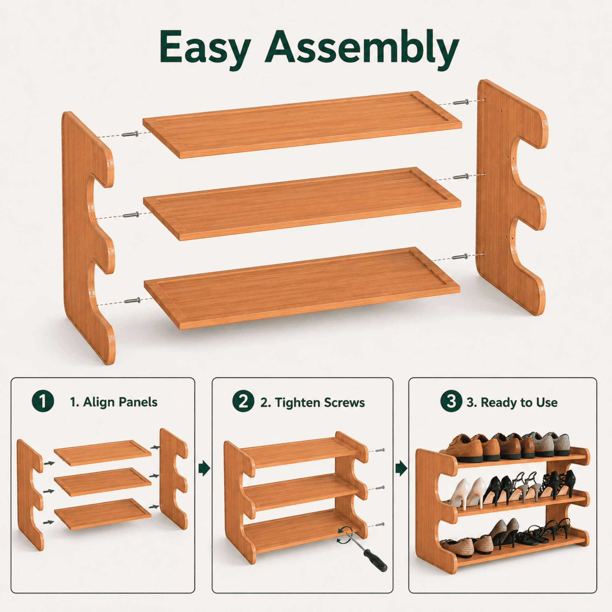 MEHOOM 3 Tier Bamboo Shoe Rack Organizer for Closet, Entryway, Dorm, Garage, Sturdy Shoe Storage Shelf, 28"x11"x14" (Natural)