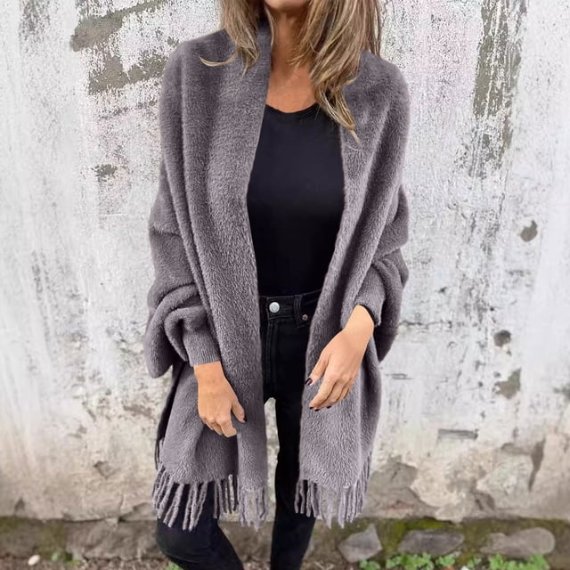 LOVZFMLL Cardigan pour Femmes Veste Châle Décontractée Ample Couleur Unie avec Franges en Peluche pour et Cardigan d'Hiver