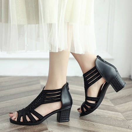 

HIMIWAY Black Heels Women Fashion Crystal Hollow Out Peep Toe Wedges Sandals High Heeled Shoes BK Black 37