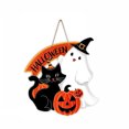 thumbnail image 2 of Decoración colgante de Halloween | Diseño de Gato Negro Calabaza Fantasma | Adorno festivo naranja y negro | Lindo sombrero de bruja con caras sonrientes | Mediano 29cm x 28cm | Decoración de Pared, 2 of 5