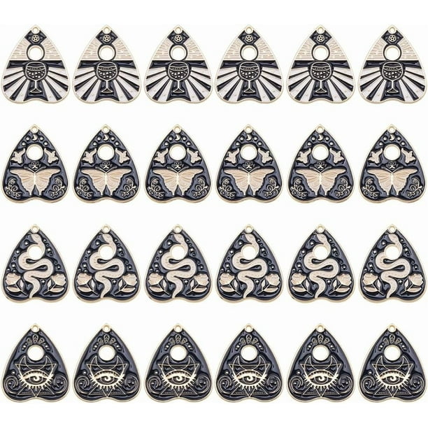 1 caja de 24 amuletos de tarot de 4 estilos, amuletos de ouija, colgantes mágicos de mariposa con tablero de espíritus esmaltados de aleación de oro negro.