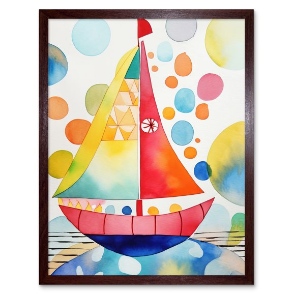 Sailboat At Sunset Folk Art Art Print Framed Poster Wall Decor 12x16 inch
