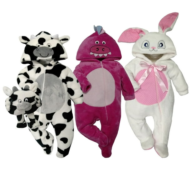 Kit 3 Mamelucos con Gorro Bordado Kiss Vaca, Dragona, Coneja Baby Kisses KitB157