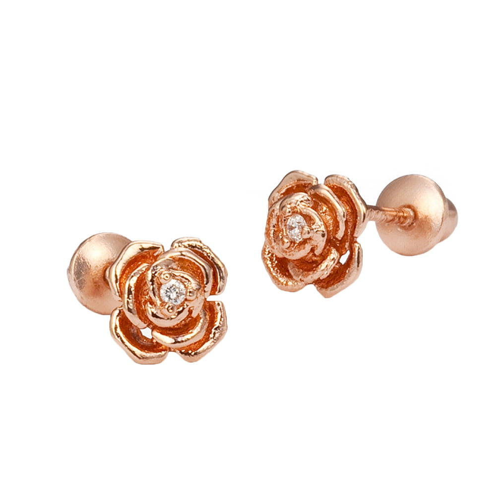 Rose Gold Tone Rose Cubic Zirconia Screwback Baby Girls Earrings with Sterling Silver Post
