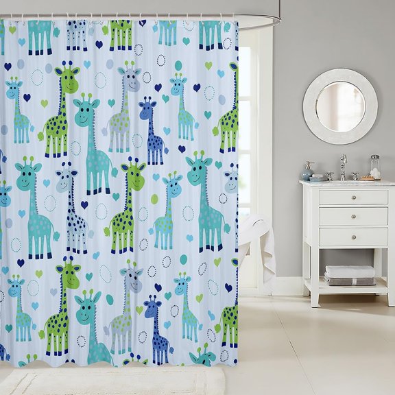 Cute Giraffe Shower Curtain Blue And Green Cartoon Animal Fabric Bath Curtain With Hooks for Bathroom 71x71 inches