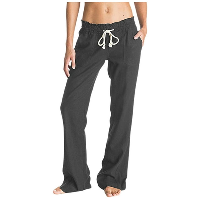 Pantalones palazzo anchos con cordón de lino suave para mujer: color liso, cintura ajustable, corte fluido para uso informal/viajes, mezcla de lino transpirable