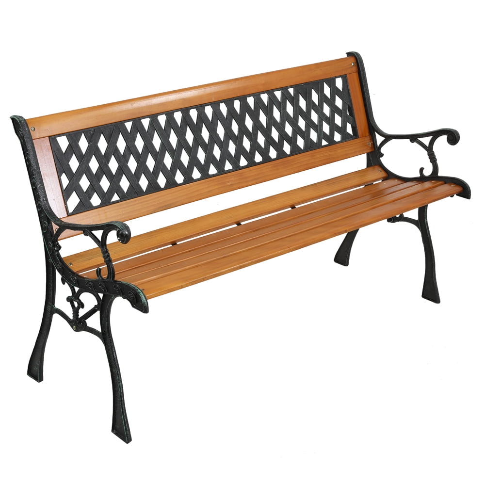 49" Garden Bench, Outdoor Patio Park Chair, Hardwood Slats Cast Iron Frame Seat,B