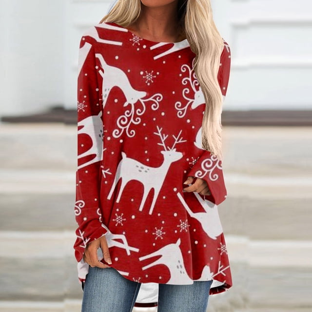 Hauts Grande Taille pour Femmes, Imprimé Décontracté de Noël, Manches Longues, Col Rond, Blouses à Manches Longues pour Femmes en Solde