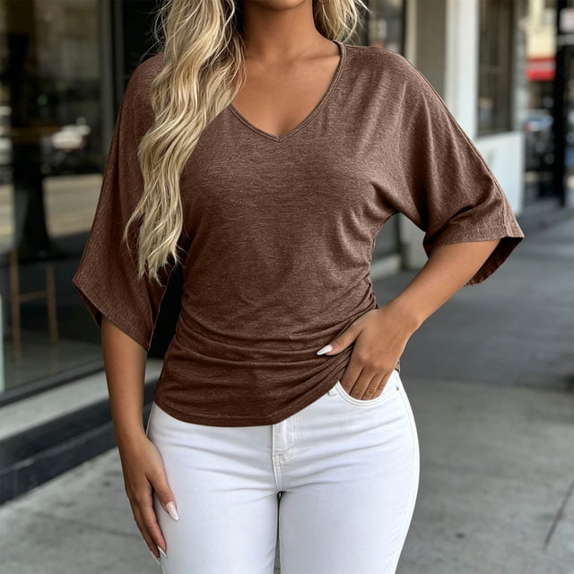 Neewe 3/4 Length Sleeve Womens Tops V Neck Shirt Dressy Casual Blouse Basic Tshirts 2026 Fashion Clothing S-3XL
