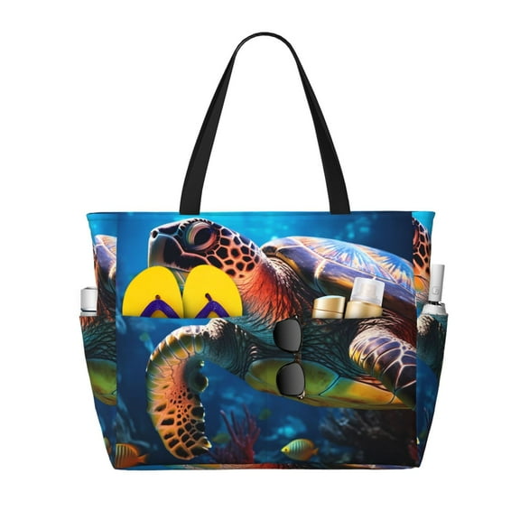 KLL Ice Blue Ocean Sea Turtle Print Large Beach Tote Bag Women Waterproof Sandproof Zipper Beach Tote Bag for Pool Gym Grocery Travel with Wet Pocket