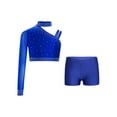 thumbnail image 2 of Miutii Kids Girls Dance Outfit 2 Piece Shiny One Shoulder Crop Top with Shorts Gymnastics Yoga Workout Activewear Blue 10, 2 of 4