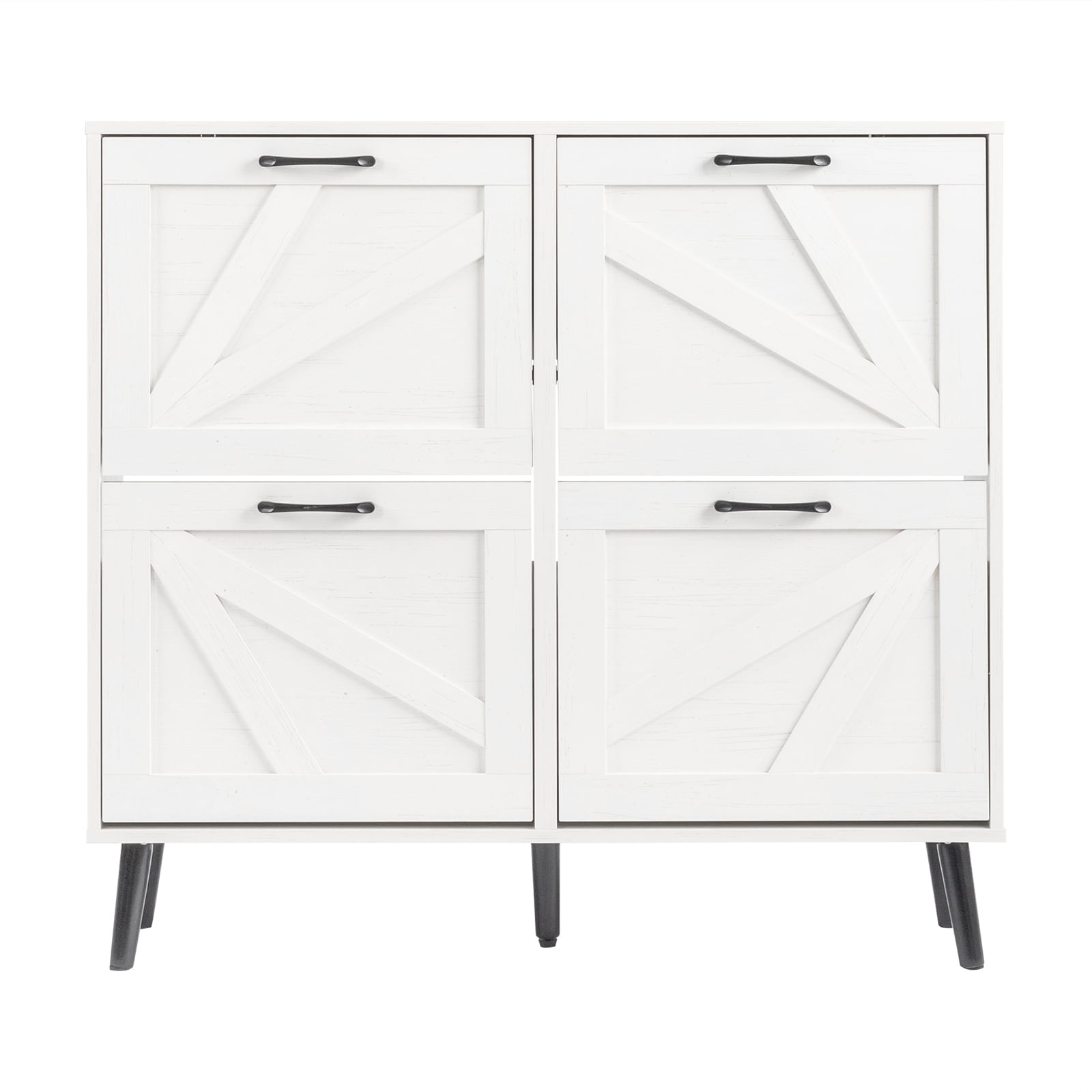 AsterOutdoor Barn Door Shoe Cabinet 4 Flip Top Compartments Triple Amine Laminated Particle Board Solid Wood Legs, Rustic White
