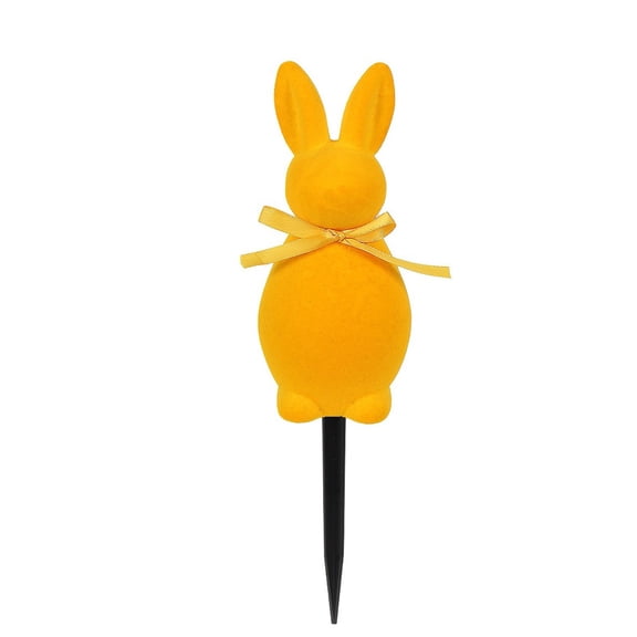 Easter Flocked Bunny Garden Stake – 13 inch Easter Bunny Yard Decor with Pink Ribbon, Spring Outdoor & Planter Accent - Yellow