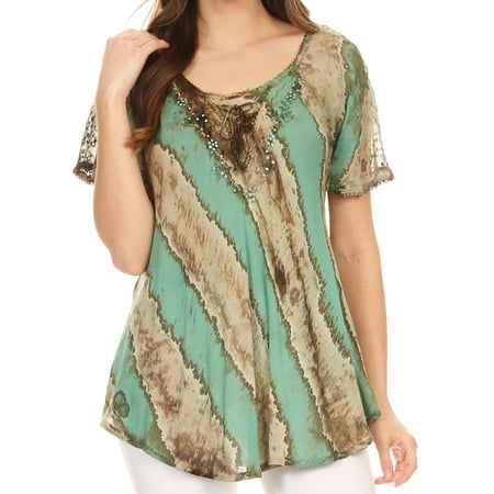 Sakkas Valencia Tie Dye Sheer Cap Sleeve Embellished Drawstring Scoop Neck Top - 4-SeaGreen - One Size (Best Stores For Plus Size Dresses)