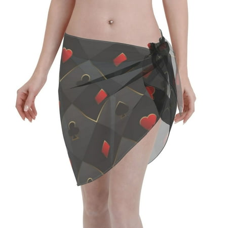 Adobk Women Beach Sarong Bathing Suit Red Poker Print Wrap Skirt Sheer Bikini Swimsuit Cover Ups For Swimwear