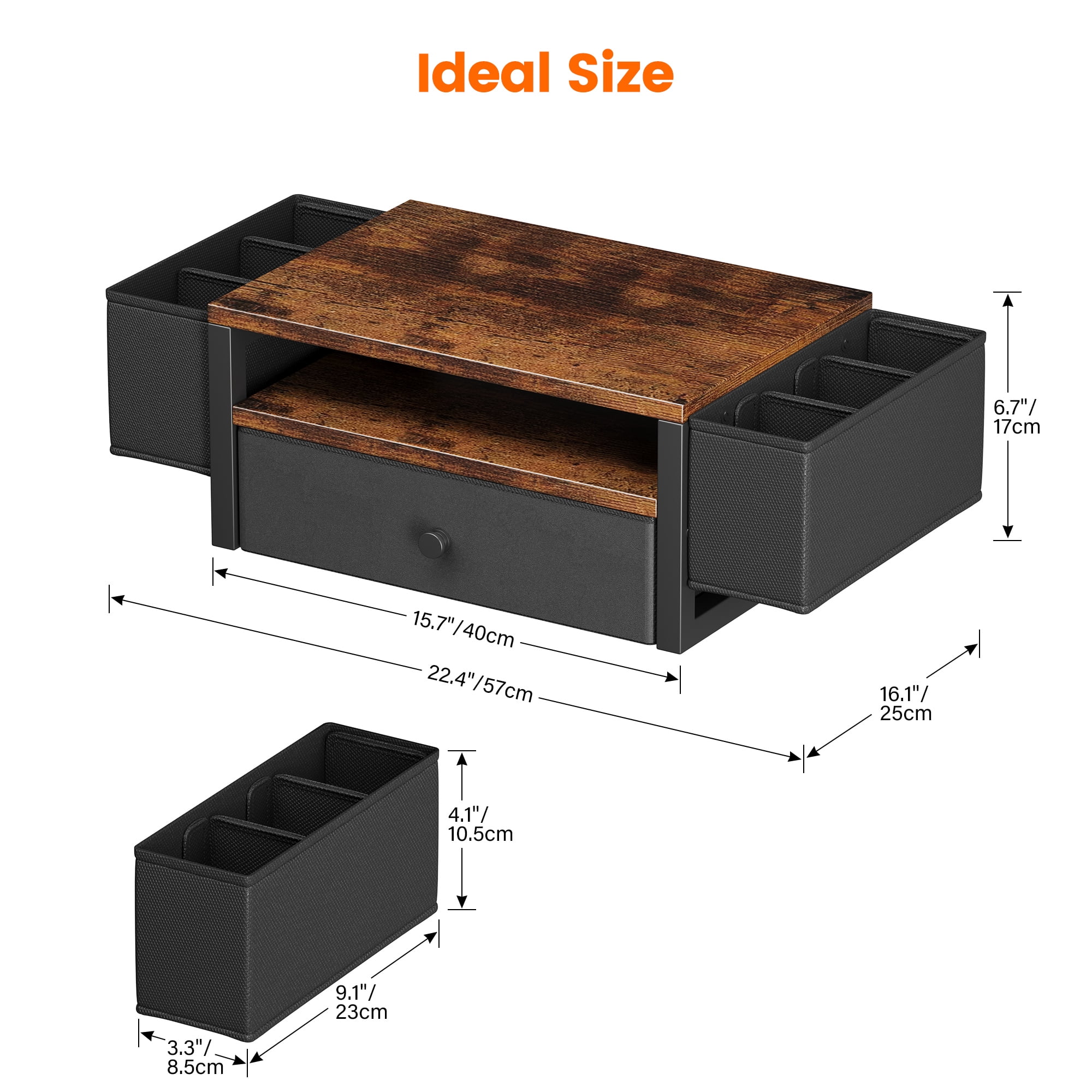 Desk Organizers and Accessories, 3-Tier Computer Monitor Stand Riser with Fabric Drawer & 6 Pen Holder, Office Desk Accessories Workspace Desktop Organizer for Office Supplies, Rustic Brown