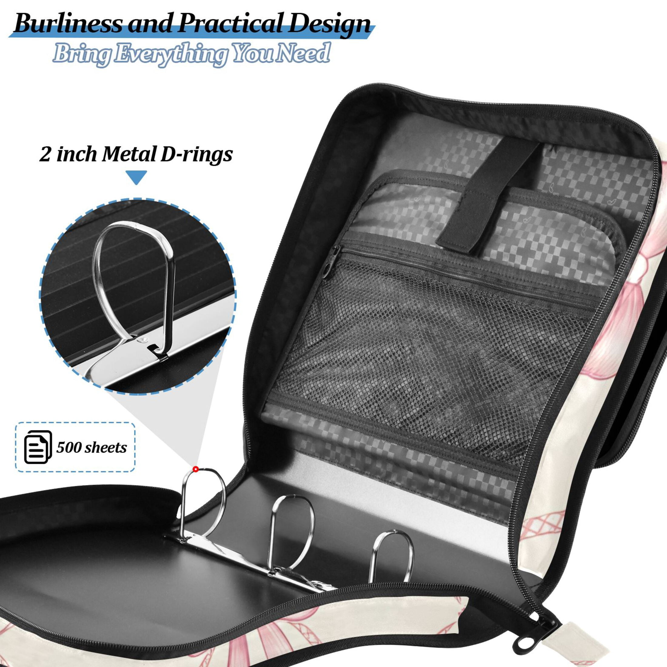 3 Ring Zipper Binder with Shoulder Strap Waterproof Trapper Keeper 2 Inch D-Ring 500 Sheets Capacity Pink Bow and Plaid
