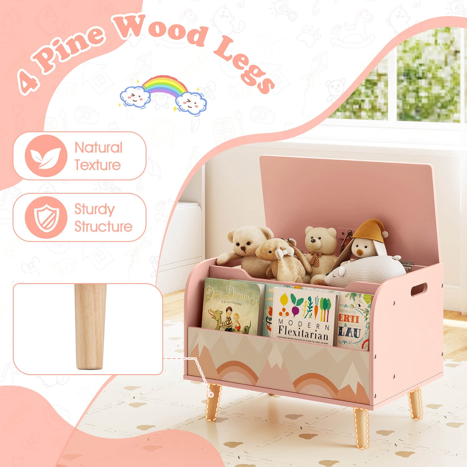 Costway Kids Wooden Toy Box with Front Bookshelf 4 Solid Wood Legs Flip-top Lid for Nursery Pink