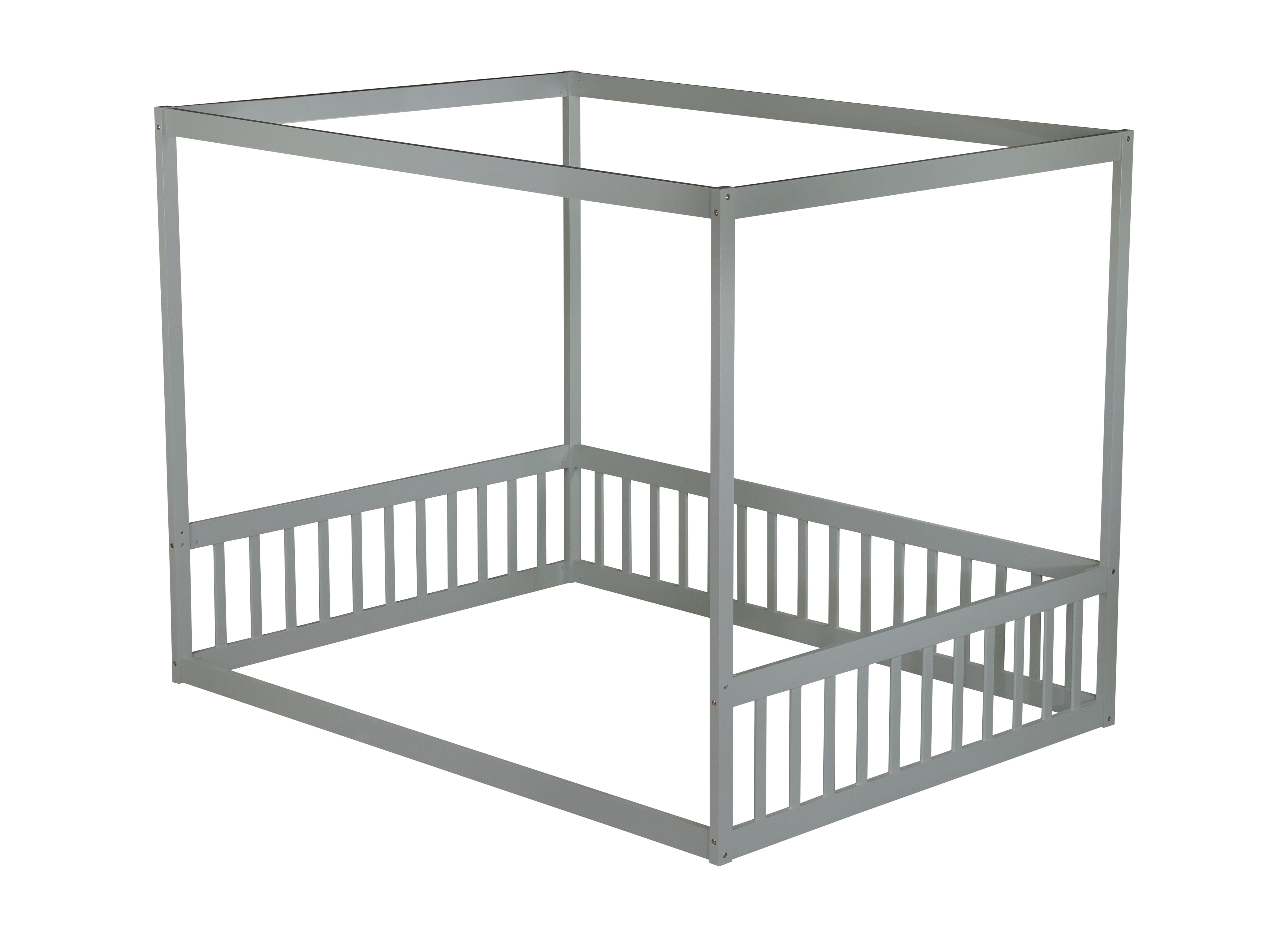 Sailvan Full Size Canopy Frame Rubber Wood Floor Bed with Fence,Guardrails