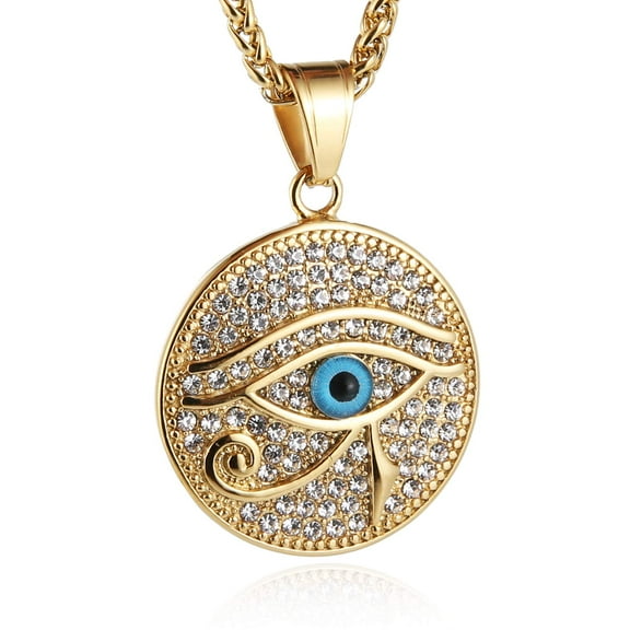 HZMAN 18k Gold Plated Iced Out Eye of Horus Egypt Protection Dog Tag Pendant Stainless Steel Necklace (Eye of Ra)