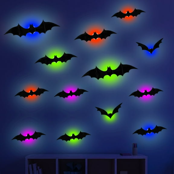 24pcs Halloween Stereoscopic LED Color Light Flashing Wall Stickers - Bat Design Night Light Decor, Perfect for Party Showcases, Home Walls & Halloween Decor, Battery-Powered with Flashing Modes