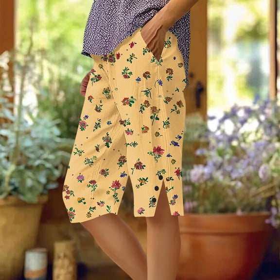 Makaor Womens Long Shorts with Pockets Button Mid Waist Straight Leg Long Short Elastic Waist Floral Baggy Boho Beach Outfits Yellow S