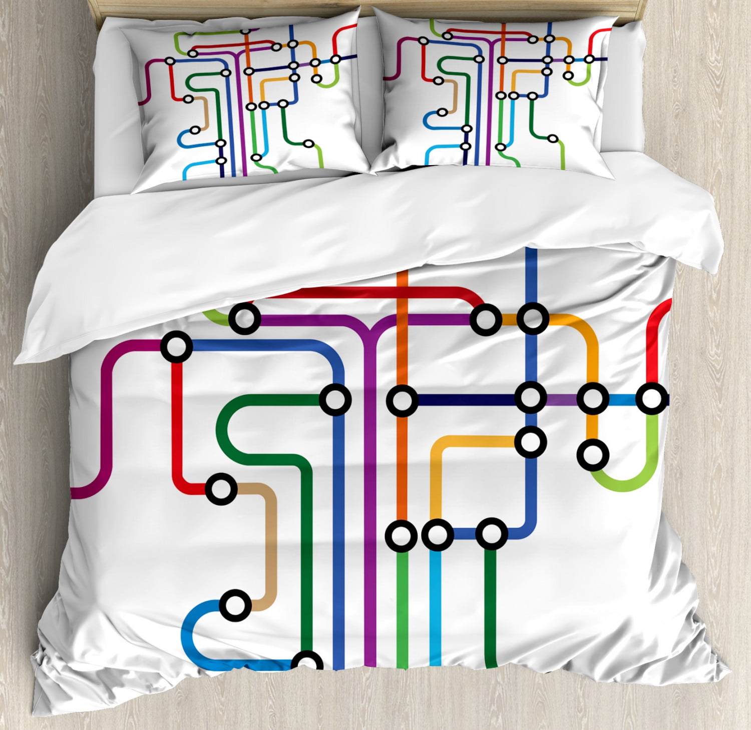Map Queen Size Duvet Cover Set, Colorful Abstract Subway Map Lines and