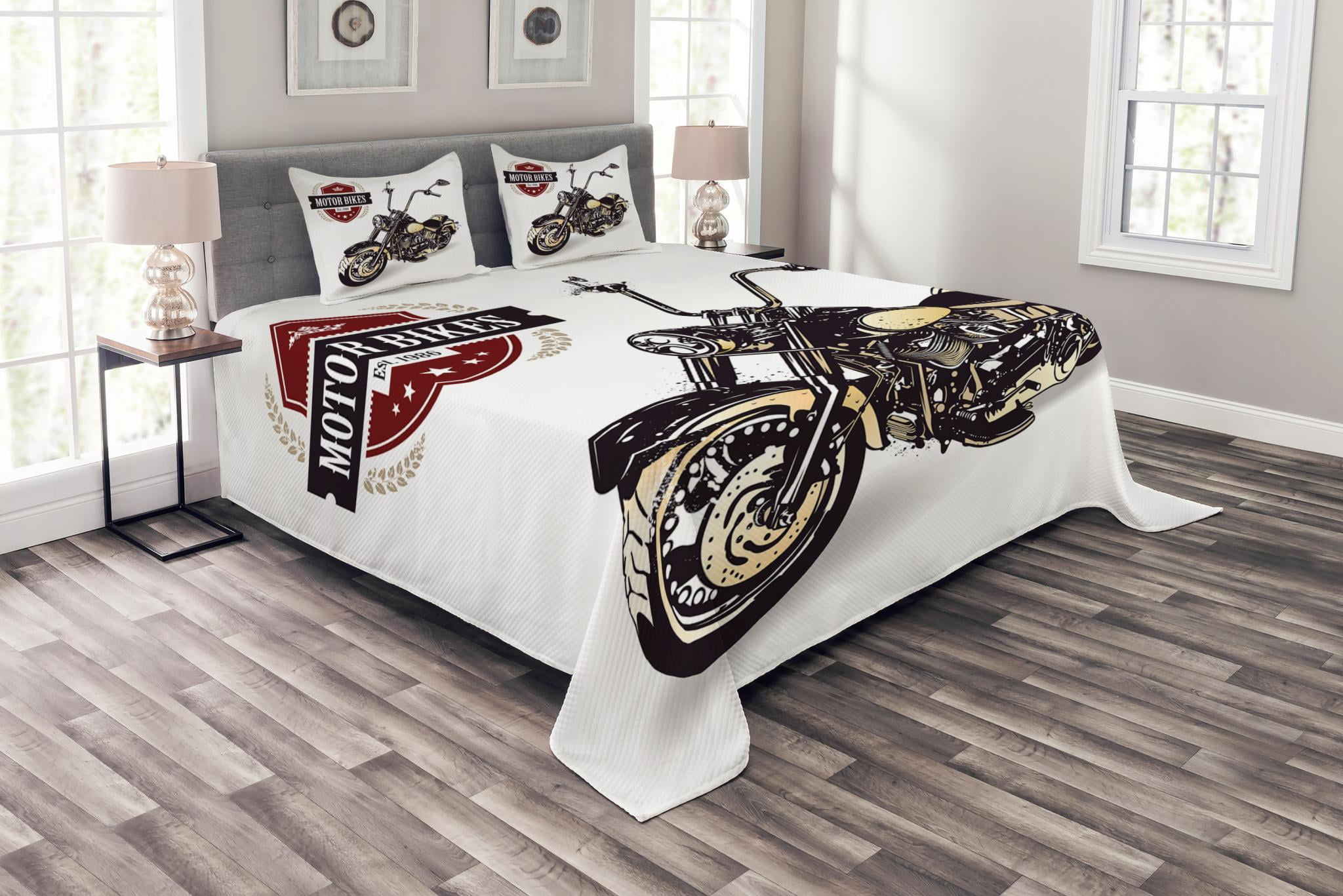 Motorcycle Bedspread Set Queen Size, Chopper Customized Motorcycle with ...